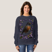 Turdus migratorius Vogel Omringd Door Violet Viola Trui (Voorkant volledig)