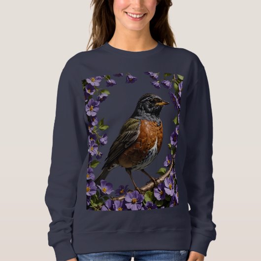 Turdus migratorius Vogel Omringd Door Violet Viola Trui (Voorkant)