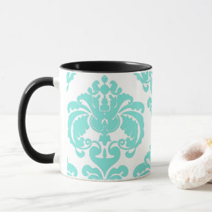 Turf Aqua & Witte Elegante Chic Damast Patroon Mok