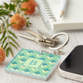 Turf en blauwe geometrische patroonmonogram sleutelhanger (Voorkant Rechts)