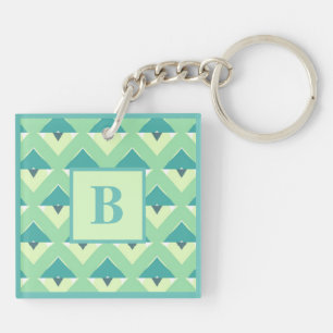 Turf en blauwe geometrische patroonmonogram sleutelhanger