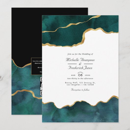 Turf en gouden geode agaat QR-code RSVP-huwelijk Kaart (Voorkant / Achterkant)