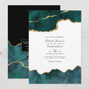 Turf en gouden geode agaat QR-code RSVP-huwelijk Kaart