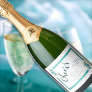 Turf en Turquoise Roos Elegante Trouw Bruisend Sparkling Wijnetiket