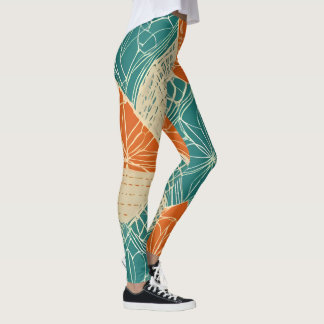 Turf Groen, Oranje en Taupe Abstracte Bloemen Leggings