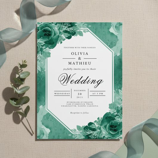Turf Groen Waterverf Bloem Bruiloft Kaart