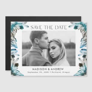 Turfblauw Aquarel Kristallen Foto Save the Date Magnetische Uitnodiging