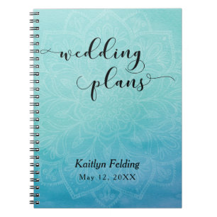 Turfblauw & Blauwe Aquarel & Mandala Trouwplanner Notitieboek