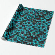 Turfblauw bloemendesign inpakpapier op zwart
