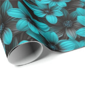 Turfblauw bloemendesign inpakpapier op zwart (Rol Hoek)