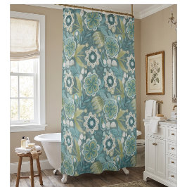 Turfblauw Bloemig Boho Botanisch Patroon Douchegordijn