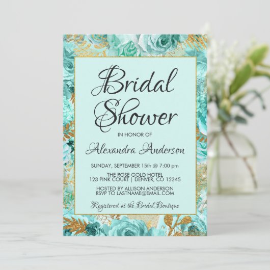 Turfblauw Bloemige Rozen Bruiloft Monogram Kaart (Staand voorkant)