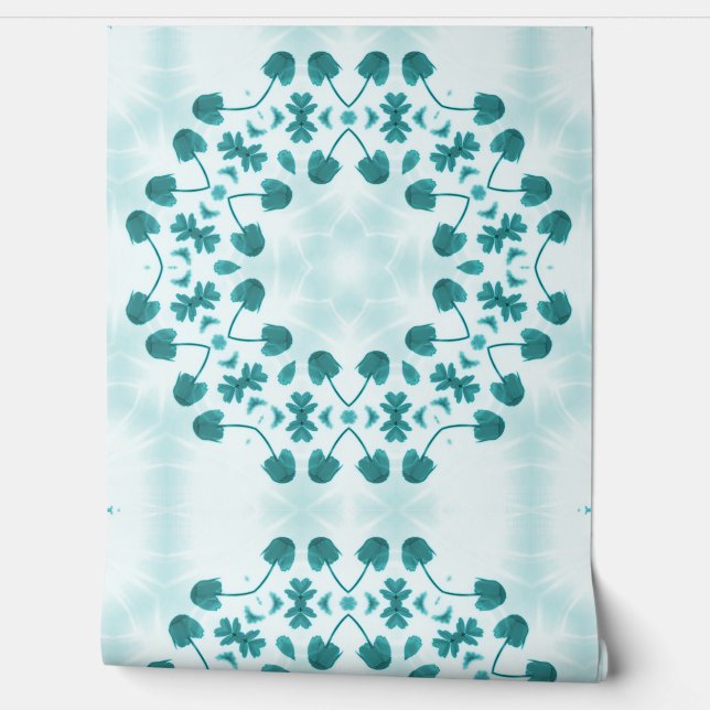 Turfblauw Bloemmotief Abstract Behang (Afrollen)
