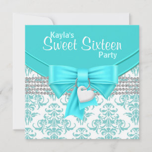 Turfblauw Damast Sweet 16 Feest Kaart