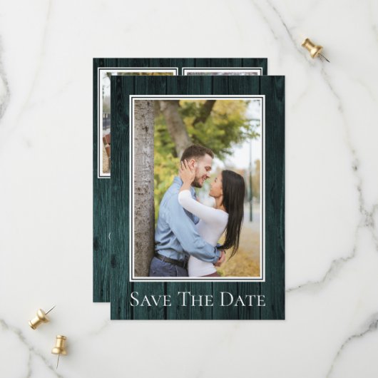 Turfblauw Eenvoudige Rustieke Foto Bewaar de Datum Save The Date (Voorkant / Achterkant in situ)