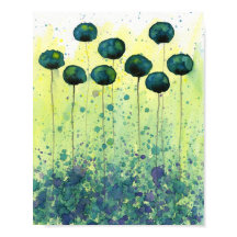 Turfblauw en gele watercolor bloemen, moderne wand