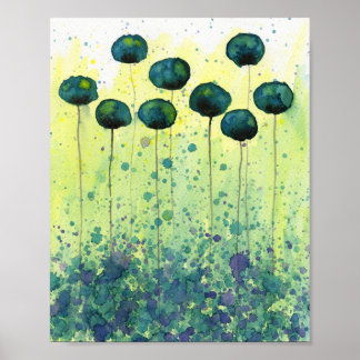 Turfblauw en gele waterverf bloemen, moderne wand poster