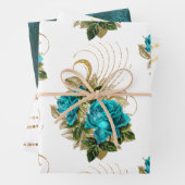 Turfblauw en gouden bloemenvloei wikkelvellen inpakpapier vel (In situ)