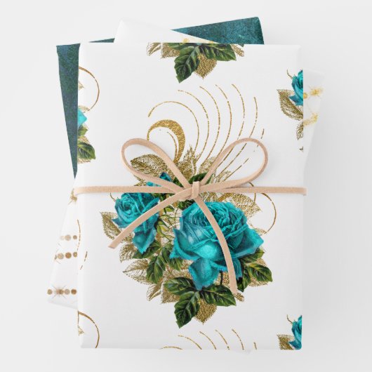 Turfblauw en gouden bloemenvloei wikkelvellen inpakpapier vel (In situ)