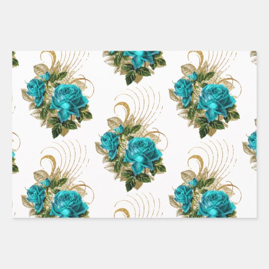 Turfblauw en gouden bloemenvloei wikkelvellen inpakpapier vel (Voorkant)