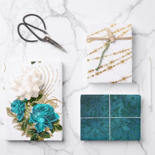 Turfblauw en gouden bloemenvouwvellen inpakpapier vel (Voorkant)