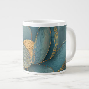 Turfblauw en Gouden Lotus Bloem Geometrische Lijn Grote Koffiekop