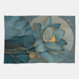 Turfblauw en Gouden Lotusbloem Geometrische Lijn K Theedoek