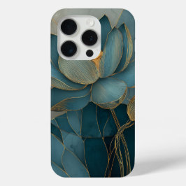Turfblauw en Gouden Lotusbloem Geometrische Lijnku iPhone 15 Pro Case