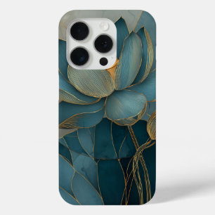 Turfblauw en Gouden Lotusbloem Geometrische Lijnku iPhone 15 Pro Case