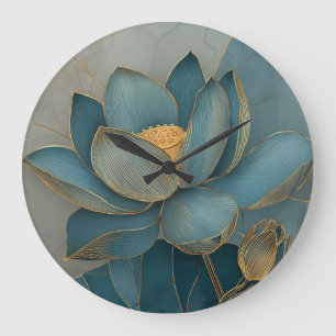 Turfblauw en Gouden Lotusbloem Geometrische Lijnku Grote Klok