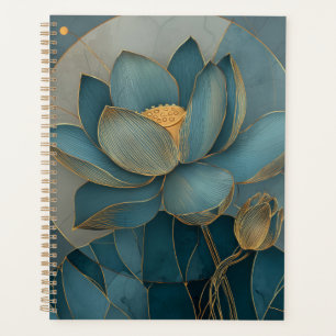 Turfblauw en Gouden Lotusbloem Geometrische Lijnku Planner