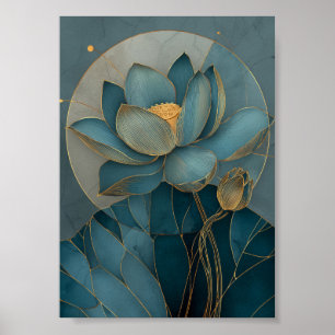 Turfblauw en Gouden Lotusbloem Geometrische Lijnku Poster