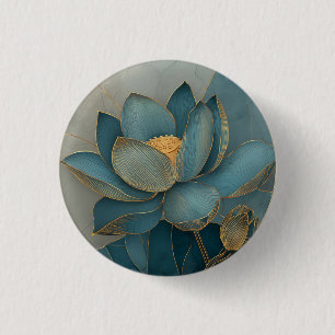 Turfblauw en Gouden Lotusbloem Geometrische Lijnku Ronde Button 3,2 Cm