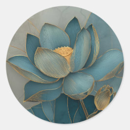 Turfblauw en Gouden Lotusbloem Geometrische Lijnku Ronde Sticker