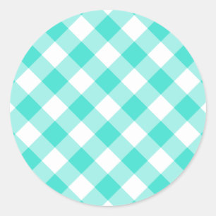 Turfblauw geruit patroon ronde sticker