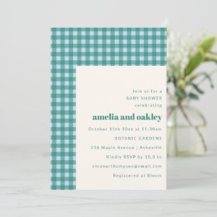 Turfblauw Gingham Moderne Couples Baby Shower Kaart