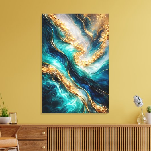 Turfblauw & Goud Marmer Wervelingen Canvasprint Canvas Afdruk (Insitu (Woonkamer))