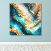 Turfblauw & Goud Marmer Wervelingen Canvasprint Canvas Afdruk (Insitu (Houten vloer))