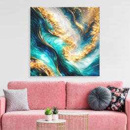 Turfblauw & Goud Marmer Wervelingen Canvasprint Canvas Afdruk
