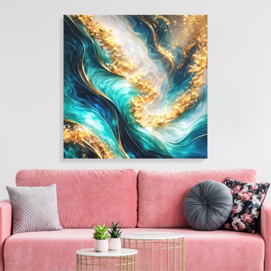 Turfblauw & Goud Marmer Wervelingen Canvasprint Canvas Afdruk (Insitu (Woonkamer))