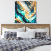 Turfblauw & Goud Marmer Wervelingen Canvasprint Canvas Afdruk (Insitu (Slaapkamer))