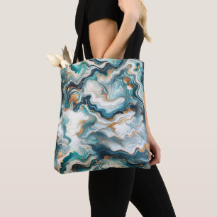 Turfblauw Goud Wit Moderne Marmeren Agaat Tote Bag