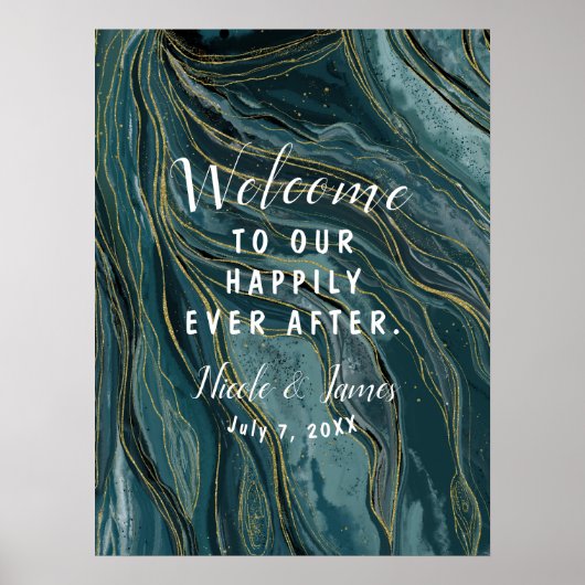 Turfblauw Gouden Abstract Aquarel Trouwbord Poster (Voorkant)