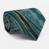 Turfblauw Gouden Abstract Waterverf Golven Stropdas (Opgerold)