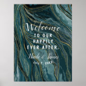 Turfblauw Gouden Abstract Waterverf Trouwbord Poster (Voorkant)