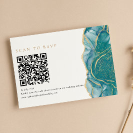 Turfblauw Gouden Agate Moderne Trouw QR Code RSVP Kaartje
