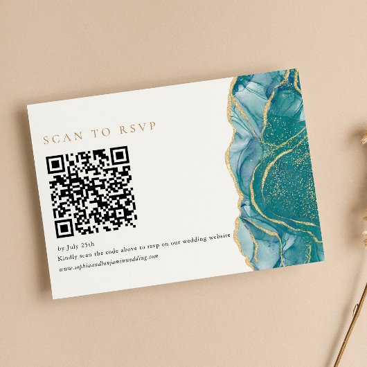 Turfblauw Gouden Agate Moderne Trouw QR Code RSVP Kaartje