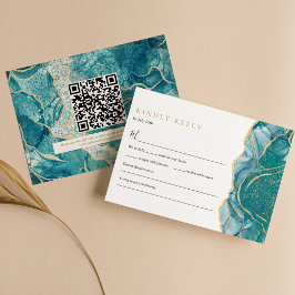 Turfblauw Gouden Agate Moderne Trouw QR Code RSVP Kaartje