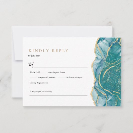 Turfblauw Gouden Agate Moderne Trouw-QR-code RSVP Kaartje (Voorkant)