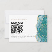 Turfblauw Gouden Agate Moderne Trouw QR Code RSVP Kaartje (Voorkant)